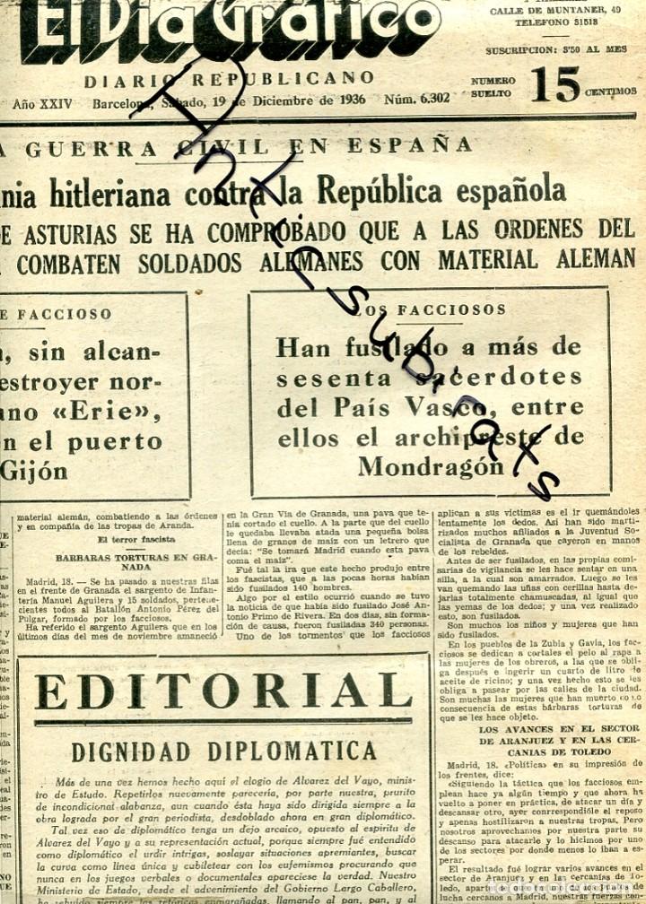 Colecionismo de Revistas e Jornais: DIA GRAFICO GUERRA CIVIL 19-12-1936 FULISAMIENTO DE RELIGIOSOS POR FRANCO EN PAIS VASCO MONDRAGON