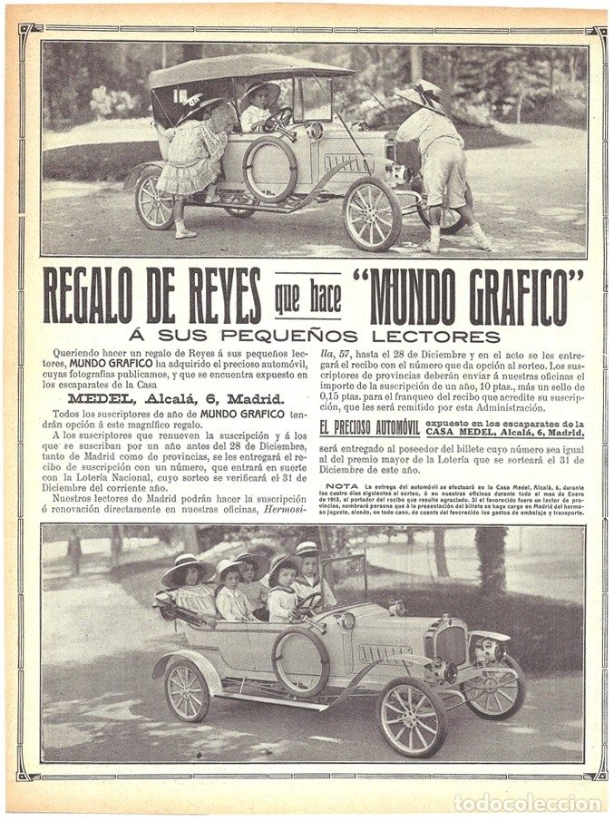 Coleccionismo de Revistas y Peri&oacute;dicos: 1912 HOJA REVISTA MADRID AUTOM&Oacute;VIL COCHE DE JUGUETE REGALO A PEQUE&Ntilde;OS LECTORES CASA MEDEL