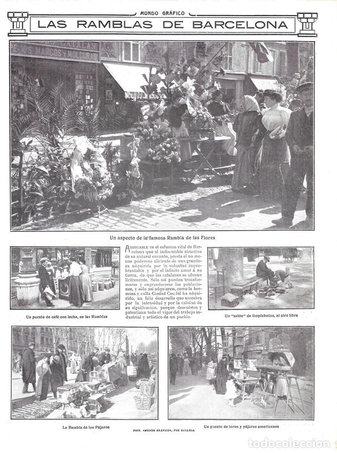 Collectionnisme de Revues et Journaux: 1912 HOJA REVISTA BARCELONA LAS RAMBLAS VENDEDORES DE FLORES PAJAROS LIMPIABOTAS PUESTO CAF&Eacute; Y LECHE