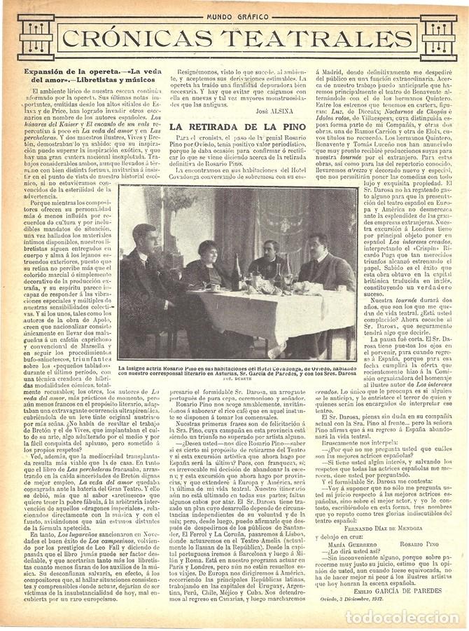 Collection Magazines and Newspapers: 1912 HOJA REVISTA OVIEDO RETIRADA ACTRIZ ROSARIO PINO PERIODISTA GARC&Iacute;A DE PAREDES Y SRES. DAROSA