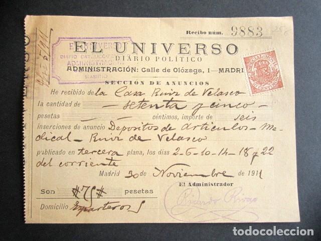 Coleccionismo de revistas y peri&oacute;dicos: RECIBO DEL DIARIO POL&Iacute;TICO EL UNIVERSO. SECCI&Oacute;N DE ANUNCIOS. MADRID. A&Ntilde;O 1911.