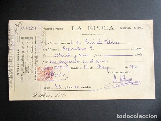 Coleccionismo de revistas y peri&oacute;dicos: RECIBO PERI&Oacute;DICO LA &Eacute;POCA. PAGO POR PUBLICIDAD. MADRID, A&Ntilde;O 1910. INCLUYE LISTA DE PRECIOS ANUNCIOS.