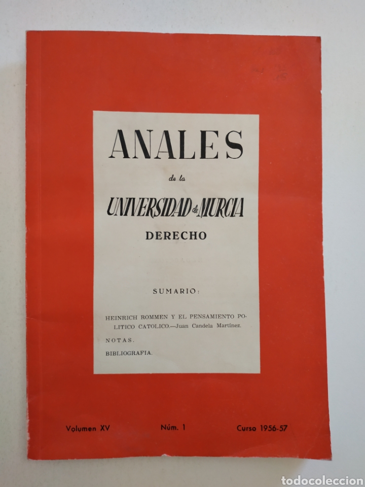 Coleccionismo de revistas y peri&oacute;dicos: Anales de la Universidad de Murcia: Derecho. 1956-1957. Volumen 15 (N&uacute;m. 1). Rommen. Revista antigua