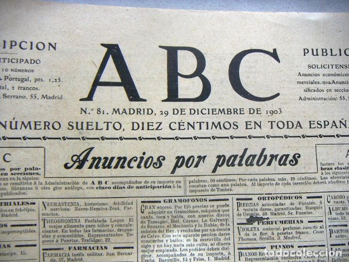Coleccionismo de Revistas y Peri&oacute;dicos: ABC A&Ntilde;O UNO NUMERO 81 29 DICIEMBRE 1903