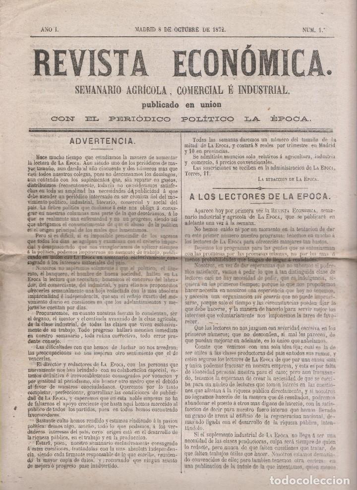 Coleccionismo de revistas y peri&oacute;dicos: REVISTA ECON&Oacute;MICA. SEMANARIO AGR&Iacute;COLA, COMERCIAL E INDUSTRIAL. A&Ntilde;O I, N&ordm; 1, 8 OCTUBRE 1874. MADRID.