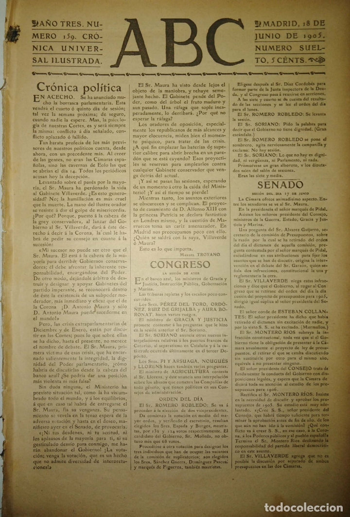 Coleccionismo de Revistas y Peri&oacute;dicos: PERIODICO. ABC. A&Ntilde;O TRES. NUMERO 159. CRONICA UNIVERSAL ILUSTRADA. 1905. CRONICA POLITICA. LEER.
