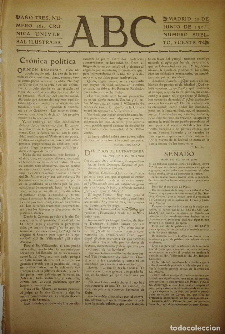 Coleccionismo de Revistas y Peri&oacute;dicos: PERIODICO. ABC. A&Ntilde;O TRES. NUMERO 161. CRONICA UNIVERSAL ILUSTRADA.1905. CRONICA POLITICA.LEER