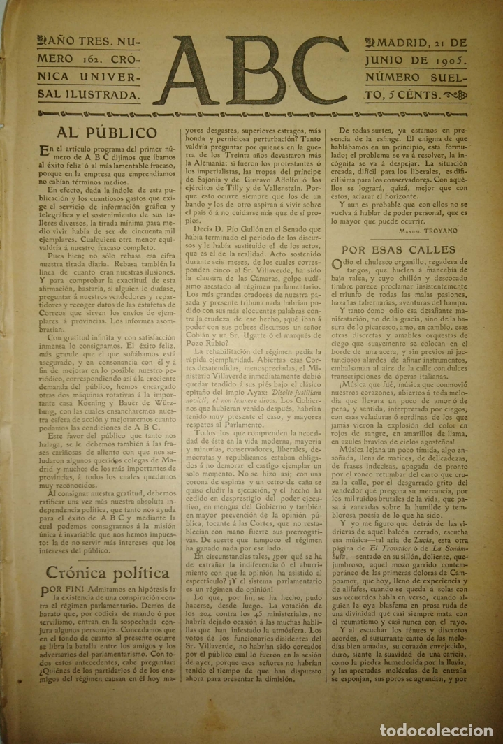 Coleccionismo de Revistas y Peri&oacute;dicos: PERIODICO. ABC. A&Ntilde;O TRES. NUMERO 162. CRONICA UNIVERSAL ILUSTRADA. 1905. AL PUBLICO. LEER.