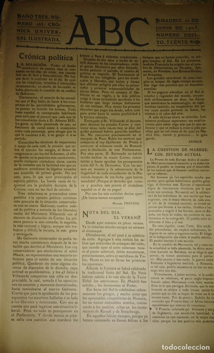 Coleccionismo de Revistas y Peri&oacute;dicos: PERIODICO. ABC. A&Ntilde;O TRES. NUMERO 163. CRONICA UNIVERSAL ILUSTRADA. 1905. CRONICA POLITICA. LEER.