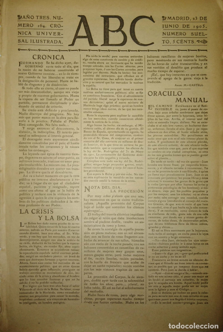 Coleccionismo de Revistas y Peri&oacute;dicos: PERIODICO. ABC. A&Ntilde;O TRES. NUMERO 164. CRONICA UNIVERSAL ILUSTRADA. 1905. ORACULO MANUAL. LEER.
