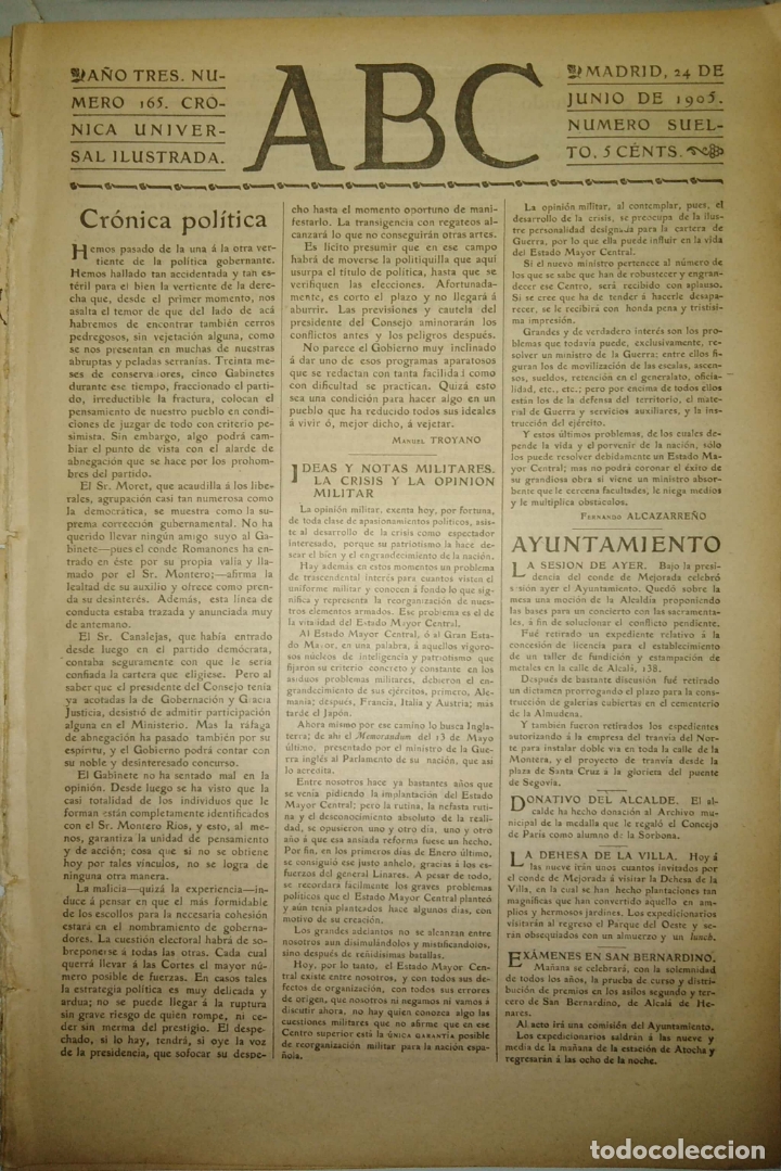 Coleccionismo de Revistas y Peri&oacute;dicos: PERIODICO. ABC. A&Ntilde;O TRES. NUMERO 165. CRONICA UNIVERSAL ILUSTRADA. 1905. AYUNTAMIENTO. LEER.