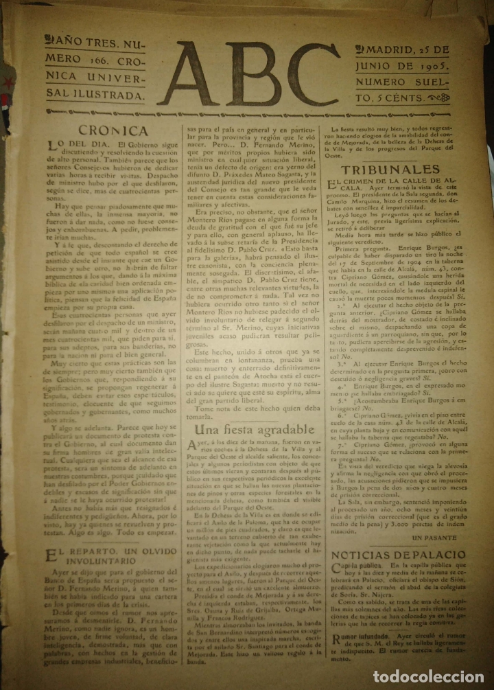Coleccionismo de Revistas y Peri&oacute;dicos: PERIODICO. ABC. A&Ntilde;O TRES. NUMERO 166. CRONICA UNIVERSAL ILUSTRADA. 1905. TRIBUNALES. LEER.