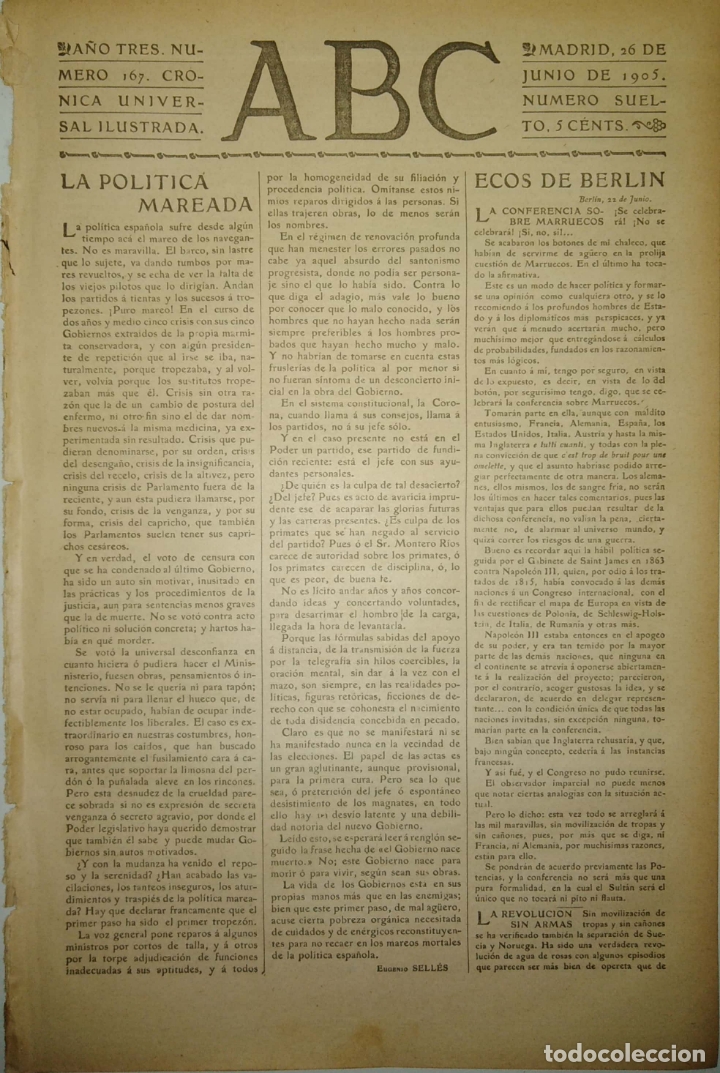 Coleccionismo de Revistas y Peri&oacute;dicos: PERIODICO. ABC. A&Ntilde;O TRES. NUMERO 167. CRONICA UNIVERSAL ILUSTRADA. 1905. ECOS DE BERLIN. LEER.