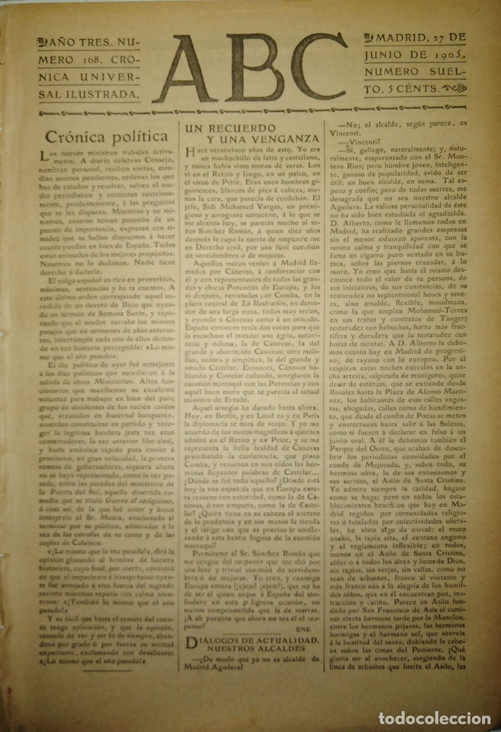 Coleccionismo de Revistas y Peri&oacute;dicos: PERIODICO. ABC. A&Ntilde;O TRES. NUMERO 168. CRONICA UNIVERSAL ILUSTRADA. 1905. CRONICA POLITICA. LEER.