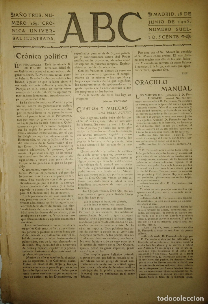 Coleccionismo de Revistas y Peri&oacute;dicos: PERIODICO. ABC. A&Ntilde;O TRES. NUMERO 169. CRONICA UNIVERSAL ILUSTRADA. 1905. GESTOS Y MUECAS. LEER.