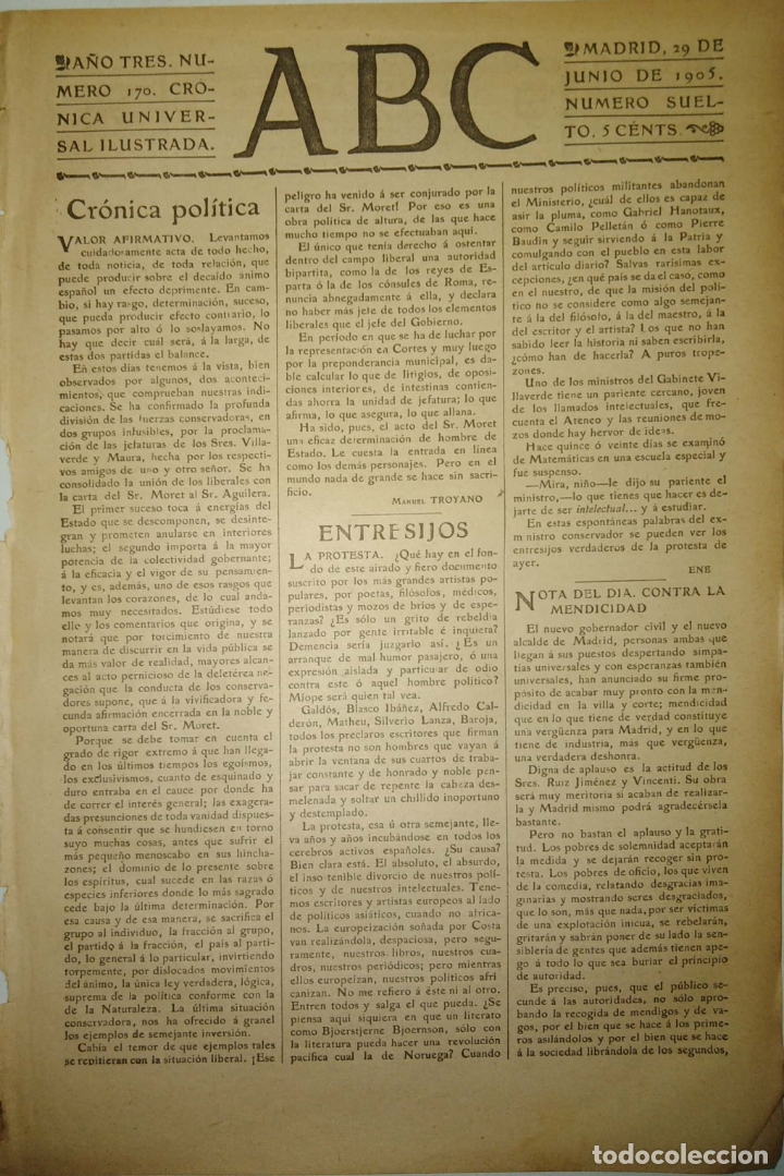 Coleccionismo de Revistas y Peri&oacute;dicos: PERIODICO. ABC. A&Ntilde;O TRES. NUMERO 170. CRONICA UNIVERSAL ILUSTRADA. 1905. NOTA DEL DIA. LEER.
