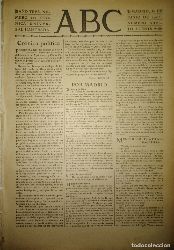 Coleccionismo de Revistas y Peri&oacute;dicos: PERIODICO. ABC. A&Ntilde;O TRES. NUMERO 171. CRONICA UNIVERSAL ILUSTRADA. 1905. MENTIDERO. TEATRAL. LEER.