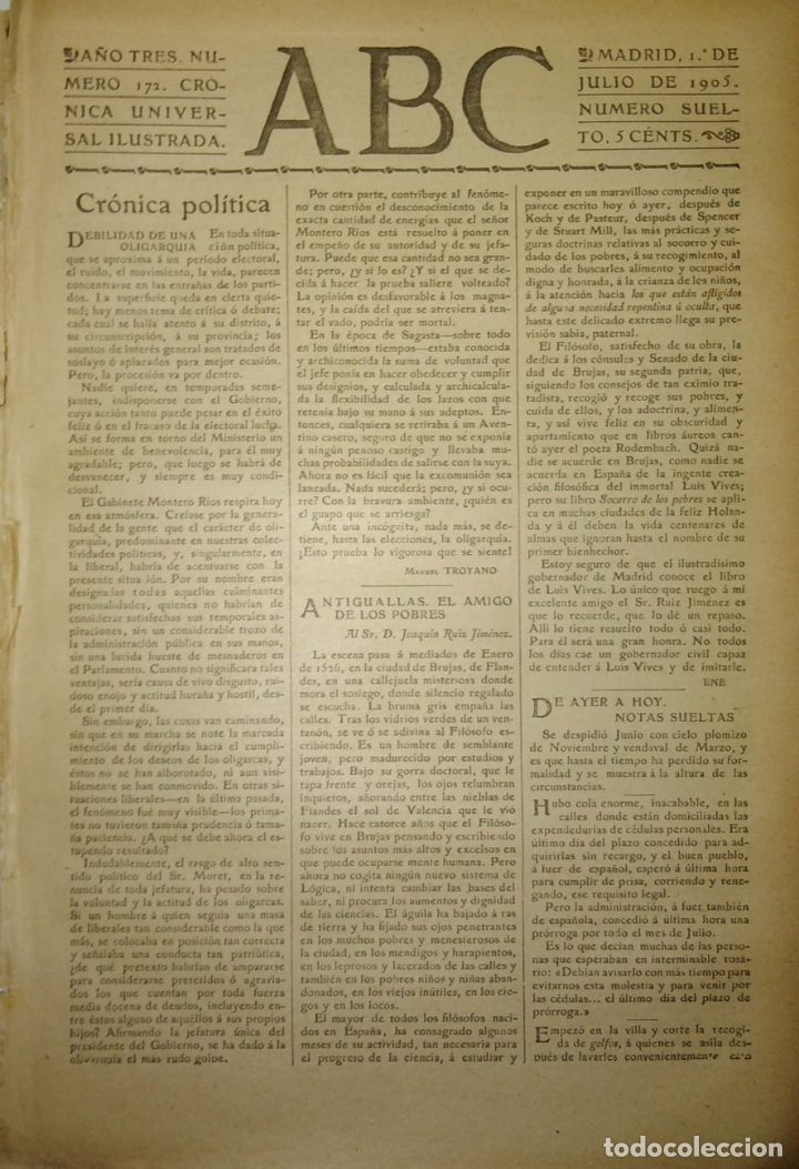 Coleccionismo de Revistas y Peri&oacute;dicos: PERIODICO. ABC. A&Ntilde;O TRES. NUMERO 172. CRONICA UNIVERSAL ILUSTRADA. 1905. ANTIGUALLAS EL AMIGO. LEER.