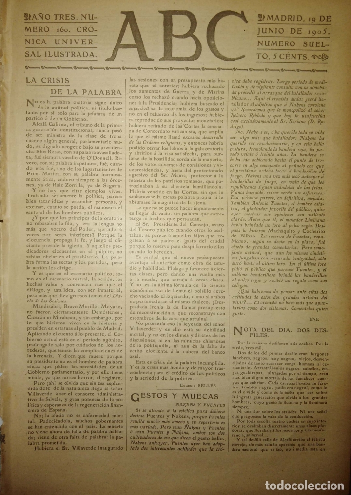 Coleccionismo de Revistas y Peri&oacute;dicos: PERIODICO. ABC. A&Ntilde;O TRES. NUMERO 160. CRONICA UNIVERSAL ILUSTRADA. 1905.LA CRISIS DE LA PALABRA.LEER