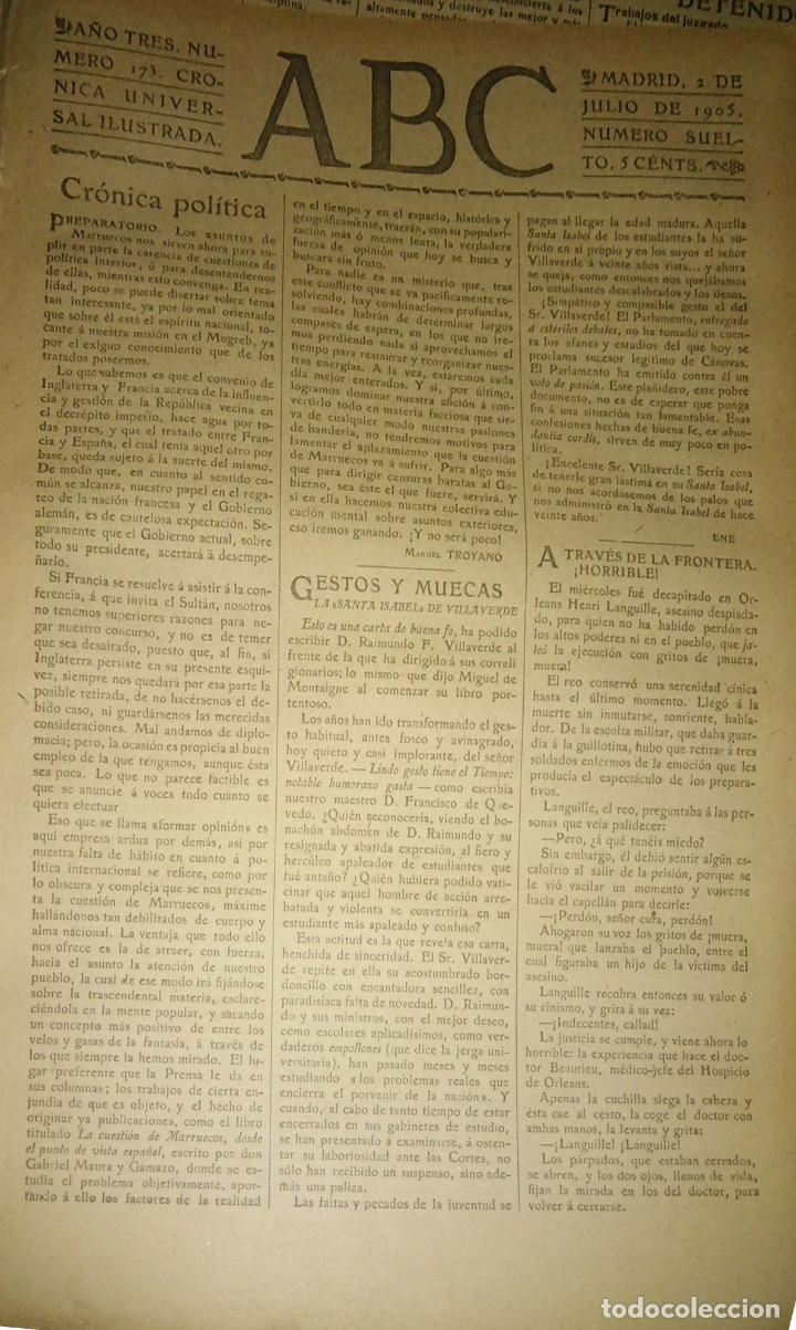 Coleccionismo de Revistas y Peri&oacute;dicos: PERIODICO. ABC. A&Ntilde;O TRES. NUMERO 173. CRONICA UNIVERSAL ILUSTRADA. 1905. A TRAVES DE LA FTRA. LEER.