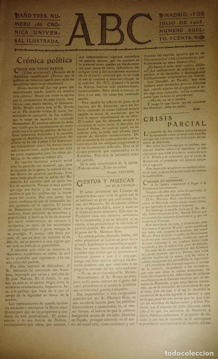 Coleccionismo de Revistas y Peri&oacute;dicos: PERIODICO. ABC. A&Ntilde;O TRES. NUMERO 186. CRONICA UNIVERSAL ILUSTRADA. 1905. CRISIS PARCIAL. LEER.