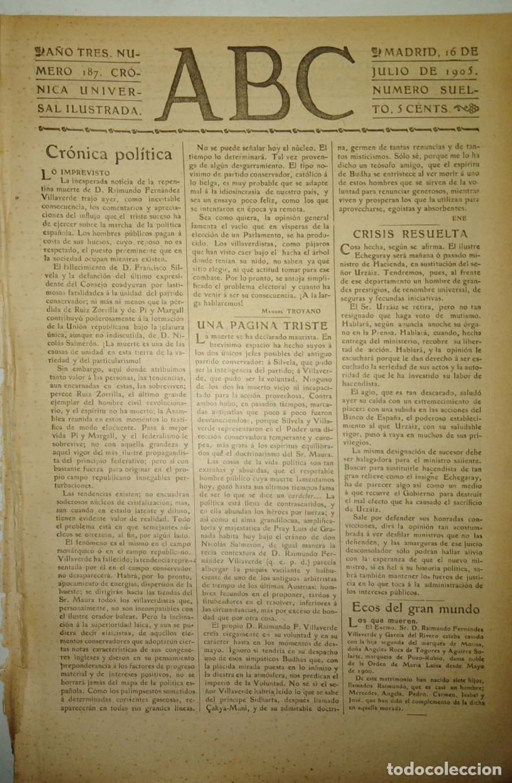 Coleccionismo de Revistas y Peri&oacute;dicos: PERIODICO. ABC. A&Ntilde;O TRES. NUMERO 187. CRONICA UNIVERSAL ILUSTRADA. 1905. CRISIS RESUELTA. LEER.