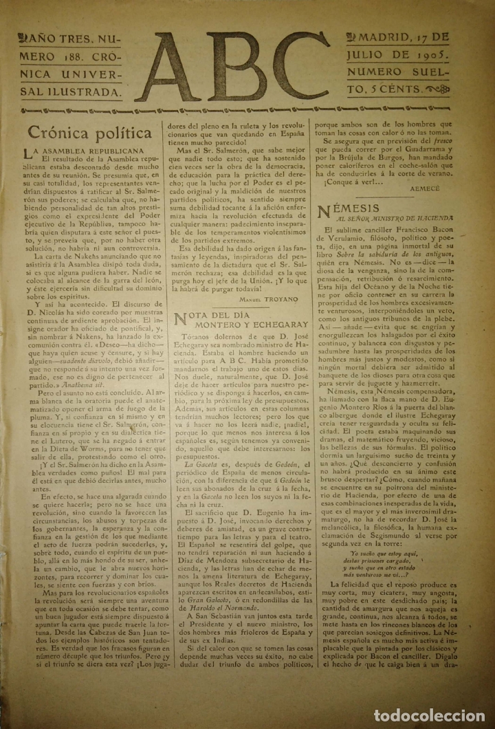 Coleccionismo de Revistas y Peri&oacute;dicos: PERIODICO. ABC. A&Ntilde;O TRES. NUMERO 188. CRONICA UNIVERSAL ILUSTRADA. 1905. MONTERO Y ECHEGARAY. LEER.
