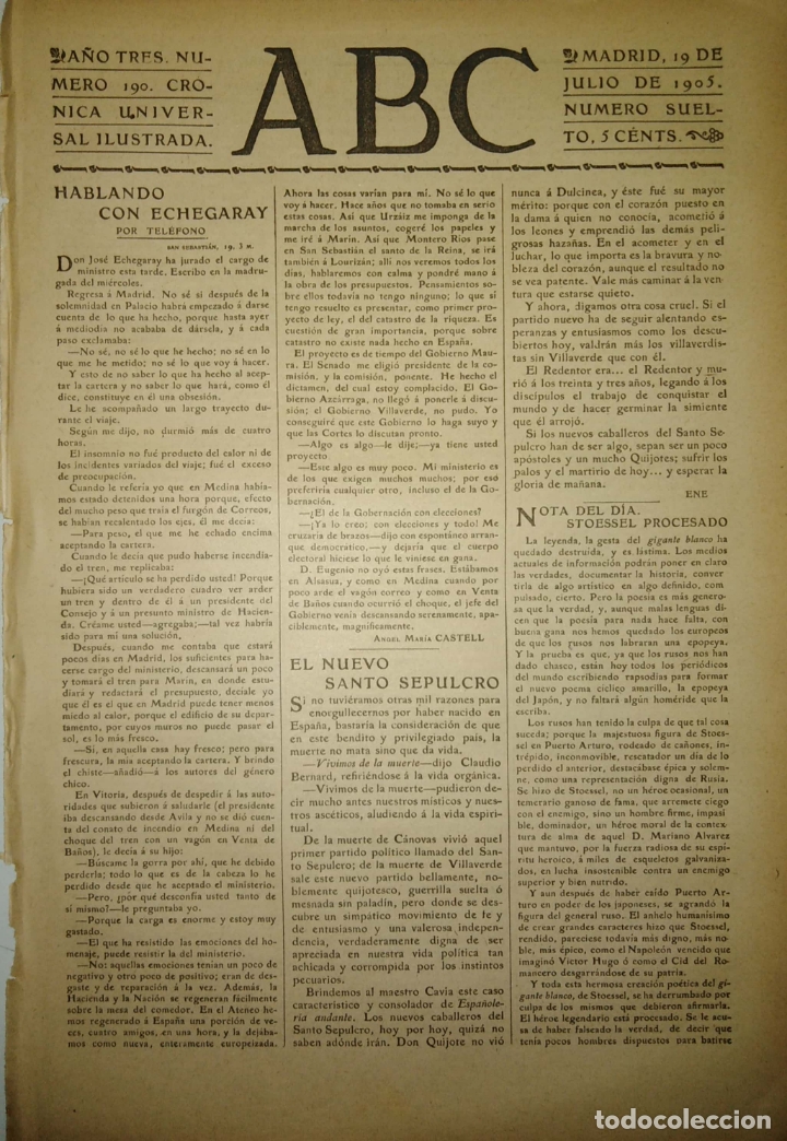 Coleccionismo de Revistas y Peri&oacute;dicos: PERIODICO. ABC. A&Ntilde;O TRES. NUMERO 190. CRONICA UNIVERSAL ILUSTRADA. 1905. STOESSEL PROCESADO. LEER.