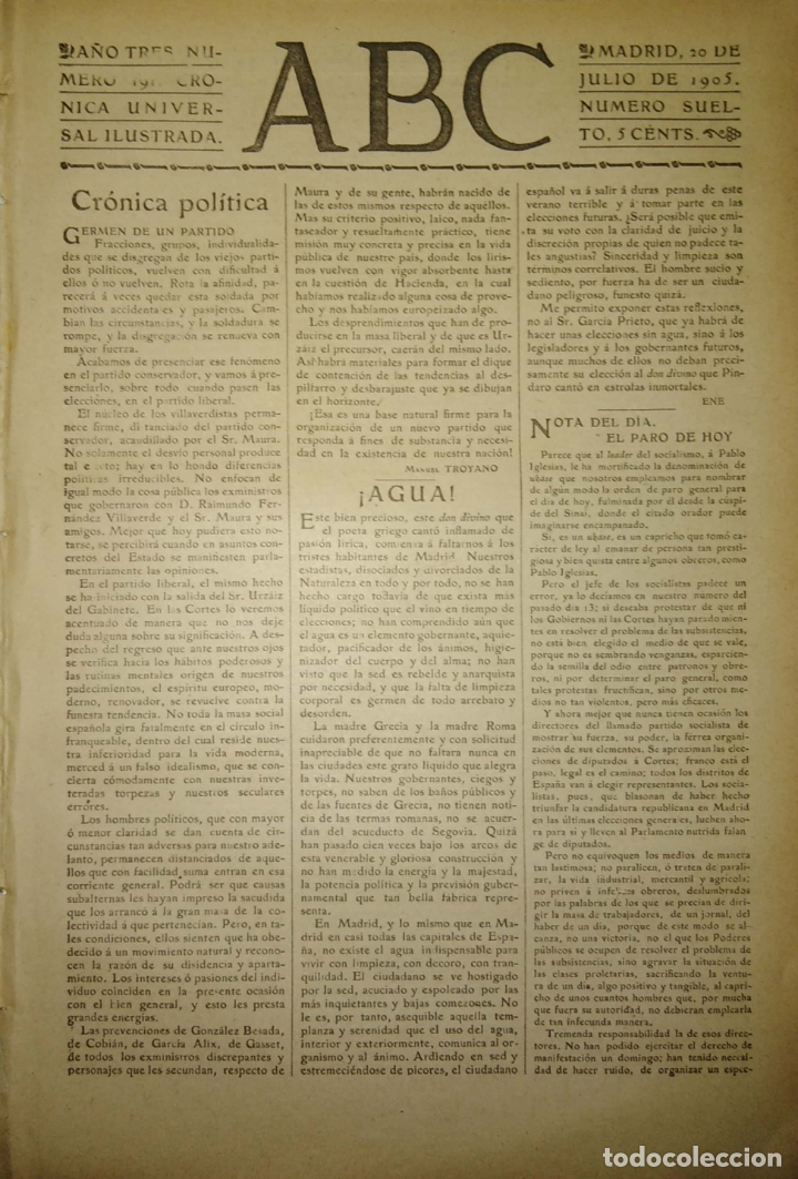 Coleccionismo de Revistas y Peri&oacute;dicos: PERIODICO. ABC. A&Ntilde;O TRES. NUMERO 191. CRONICA UNIVERSAL ILUSTRADA. 1905. EL PARO DE HOY. LEER.