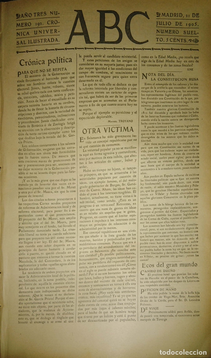 Coleccionismo de Revistas y Peri&oacute;dicos: PERIODICO. ABC. A&Ntilde;O TRES. NUMERO 192. CRONICA UNIVERSAL ILUSTRADA. 1905. OTRA VICTIMA. LEER.