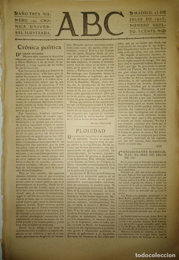 Coleccionismo de Revistas y Peri&oacute;dicos: PERIODICO. ABC. A&Ntilde;O TRES. NUMERO 194. CRONICA UNIVERSAL ILUSTRADA. 1905. FLOJEDAD. LEER.