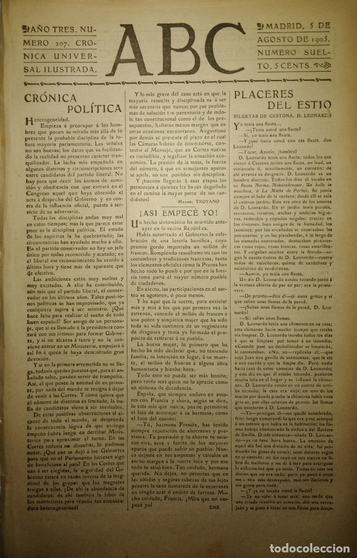 Coleccionismo de Revistas y Peri&oacute;dicos: PERIODICO. ABC. A&Ntilde;O TRES. NUMERO 207. CRONICA UNIVERSAL ILUSTRADA. 1905. PLACERES DEL ESTIO. LEER.