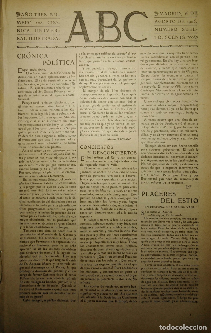 Coleccionismo de Revistas y Peri&oacute;dicos: PERIODICO. ABC. A&Ntilde;O TRES. NUMERO 208. CRONICA UNIVERSAL ILUSTRADA. 1905. PLACERES DEL ESTIO. LEER.