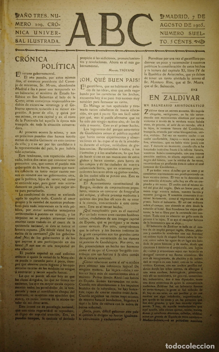 Coleccionismo de Revistas y Peri&oacute;dicos: PERIODICO. ABC. A&Ntilde;O TRES. NUMERO 209. CRONICA UNIVERSAL ILUSTRADA. 1905. EN ZALDIVAR. LEER.