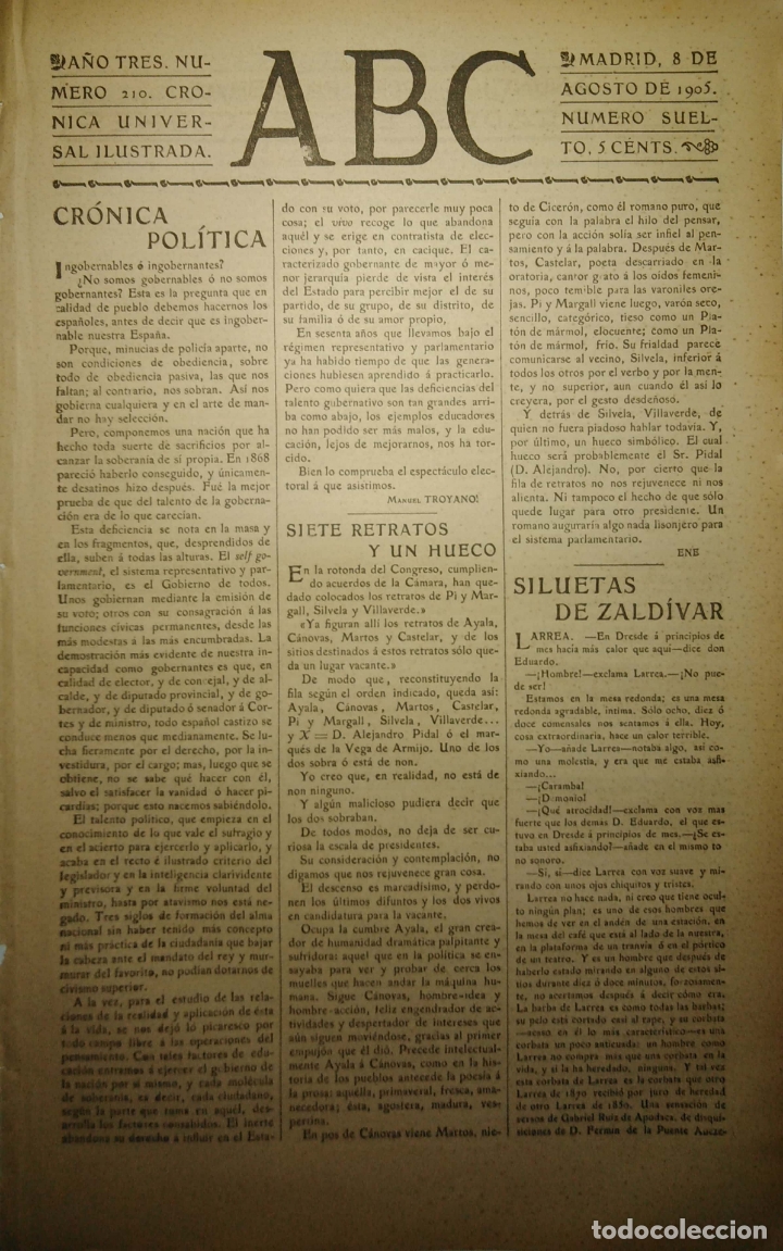 Coleccionismo de Revistas y Peri&oacute;dicos: PERIODICO. ABC. A&Ntilde;O TRES. NUMERO 210. CRONICA UNIVERSAL ILUSTRADA. 1905. SILUETAS DE ZALDIVAR. LEER.