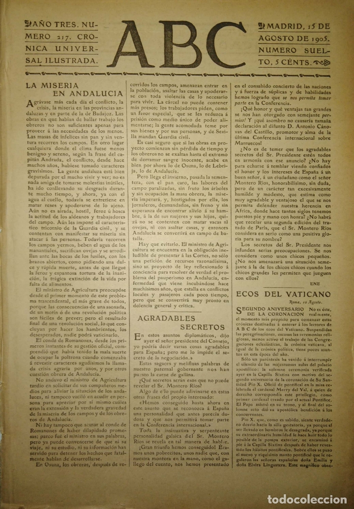 Coleccionismo de Revistas y Peri&oacute;dicos: PERIODICO. ABC. A&Ntilde;O TRES. NUMERO 217. CRONICA UNIVERSAL ILUSTRADA. 1905. ECOS DEL VATICANO. LEER.