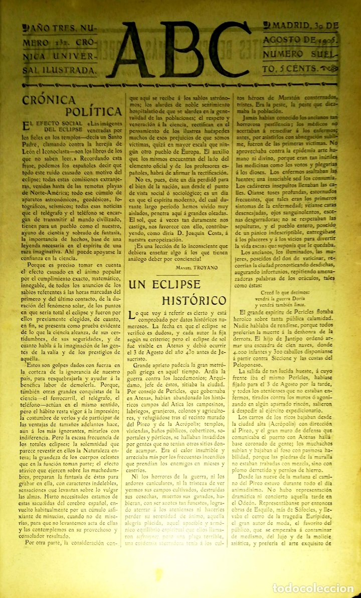 Coleccionismo de Revistas y Peri&oacute;dicos: PERIODICO. ABC. A&Ntilde;O TRES. NUMERO 232. CRONICA UNIVERSAL ILUSTRADA. 1905. LEER.