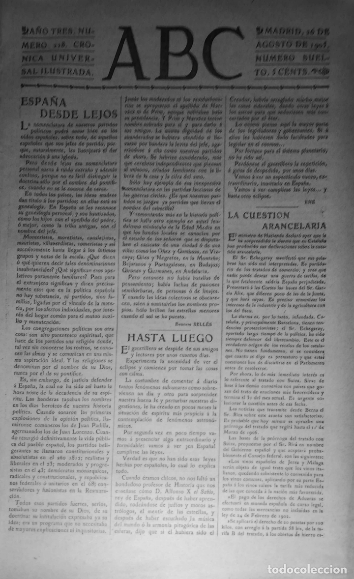 Coleccionismo de Revistas y Peri&oacute;dicos: PERIODICO. ABC. A&Ntilde;O TRES. NUMERO 228. CRONICA UNIVERSAL ILUSTRADA. 1905. LEER.