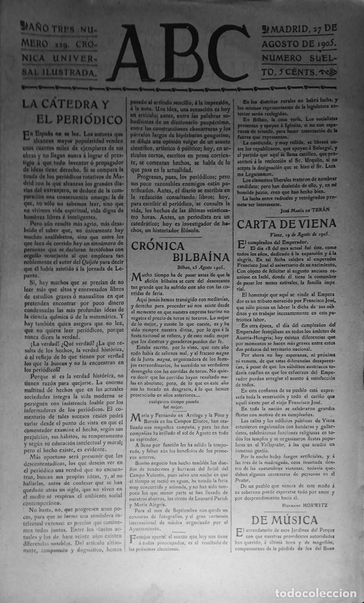 Coleccionismo de Revistas y Peri&oacute;dicos: PERIODICO. ABC. A&Ntilde;O TRES. NUMERO 229. CRONICA UNIVERSAL ILUSTRADA. 1905. LEER.