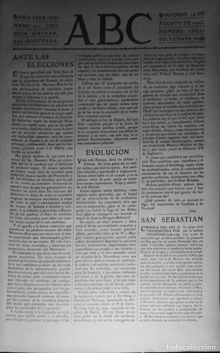 Coleccionismo de Revistas y Peri&oacute;dicos: PERIODICO. ABC. A&Ntilde;O TRES. NUMERO 221. CRONICA UNIVERSAL ILUSTRADA. 1905. LEER.