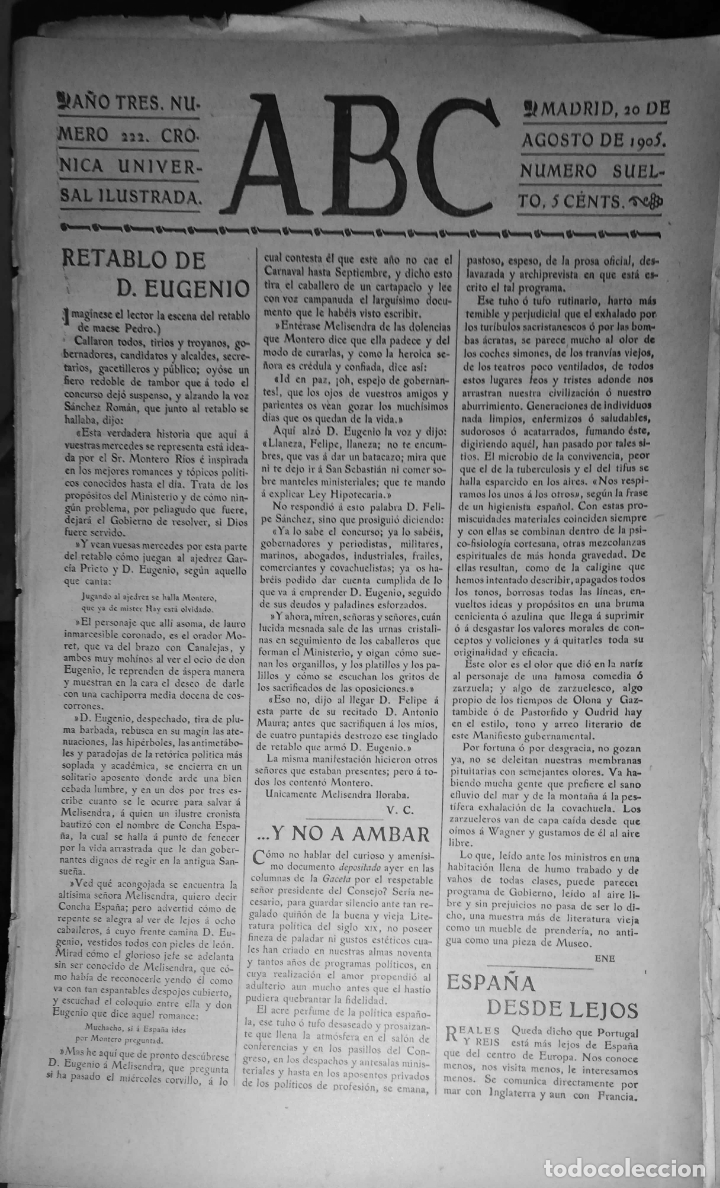 Coleccionismo de Revistas y Peri&oacute;dicos: PERIODICO. ABC. A&Ntilde;O TRES. NUMERO 222. CRONICA UNIVERSAL ILUSTRADA. 1905. LEER.