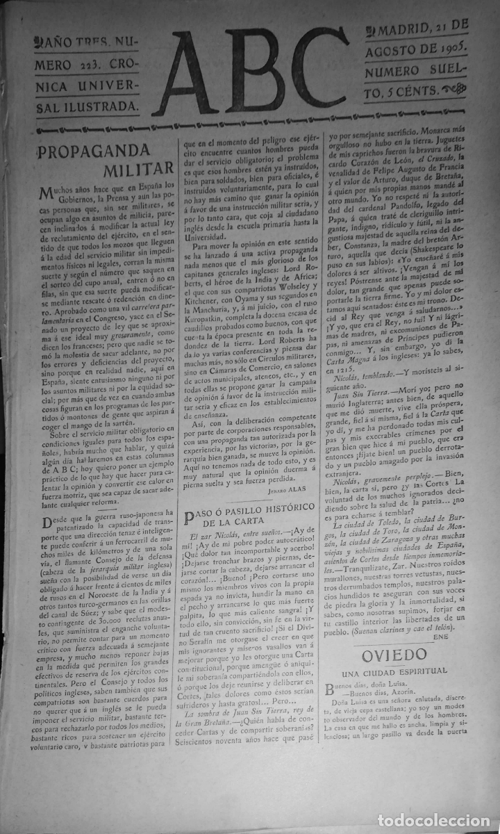Coleccionismo de Revistas y Peri&oacute;dicos: PERIODICO. ABC. A&Ntilde;O TRES. NUMERO 223. CRONICA UNIVERSAL ILUSTRADA. 1905. LEER.