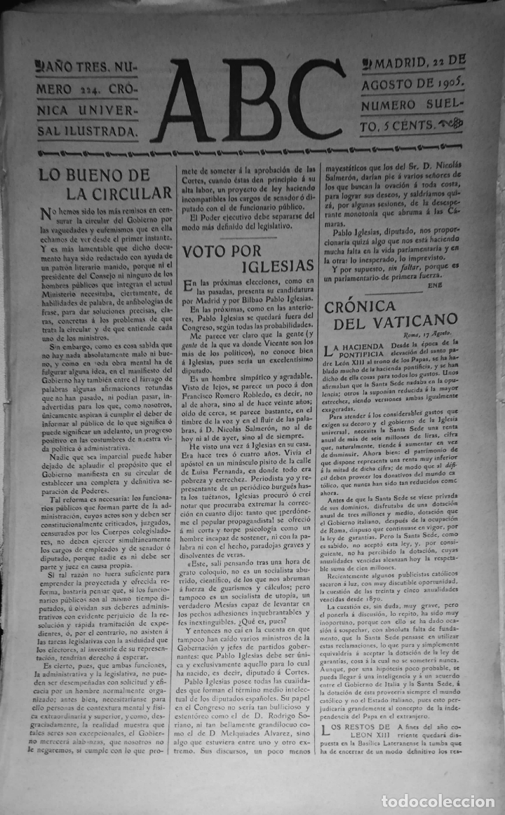 Coleccionismo de Revistas y Peri&oacute;dicos: PERIODICO. ABC. A&Ntilde;O TRES. NUMERO 224. CRONICA UNIVERSAL ILUSTRADA. 1905. LEER.
