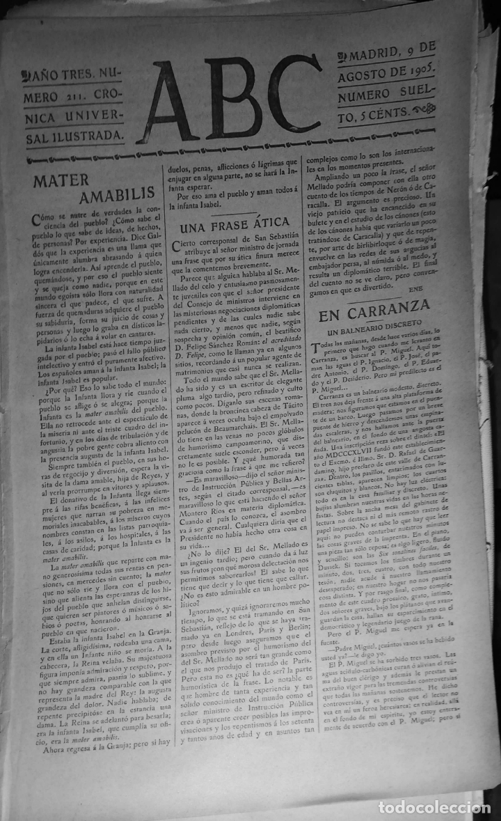 Coleccionismo de Revistas y Peri&oacute;dicos: PERIODICO. ABC. A&Ntilde;O TRES. NUMERO 211. CRONICA UNIVERSAL ILUSTRADA. 1905. LEER.