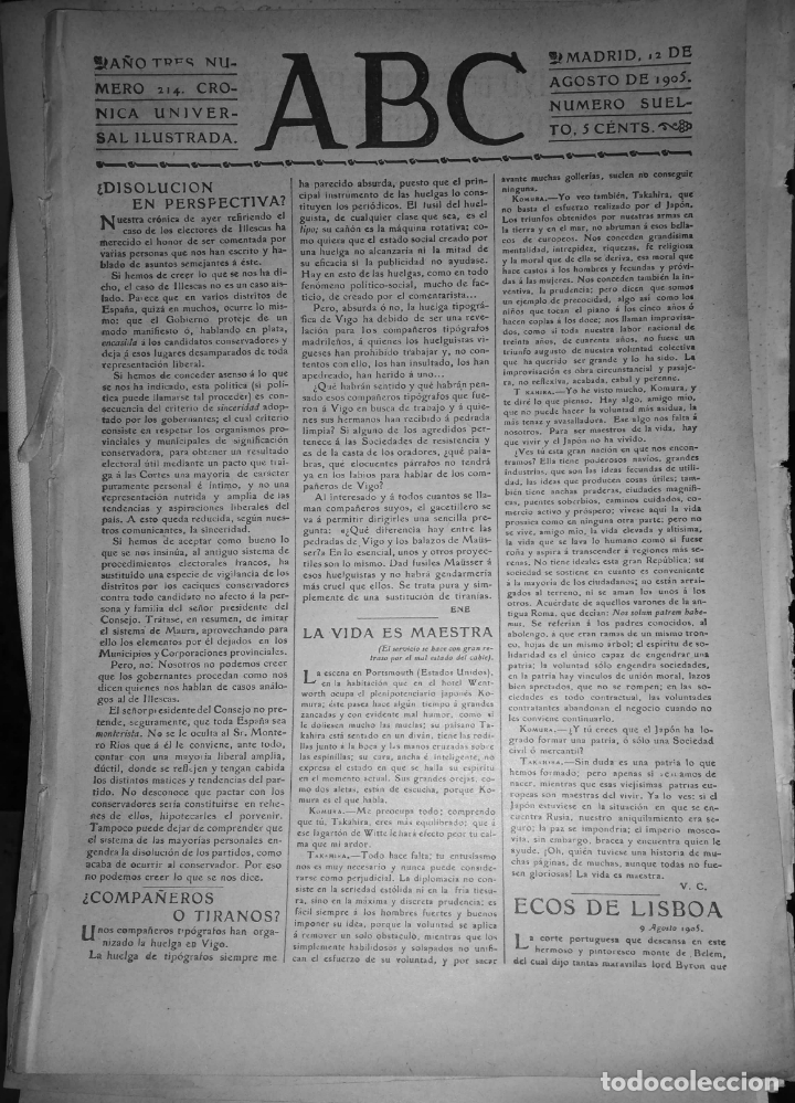 Coleccionismo de Revistas y Peri&oacute;dicos: PERIODICO. ABC. A&Ntilde;O TRES. NUMERO 214. CRONICA UNIVERSAL ILUSTRADA. MADRID 1905. LEER.