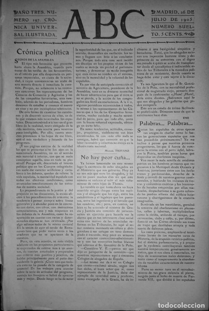 Coleccionismo de Revistas y Peri&oacute;dicos: PERIODICO. ABC. A&Ntilde;O TRES. NUMERO 197. CRONICA UNIVERSAL ILUSTRADA. MADRID 1905. LEER.