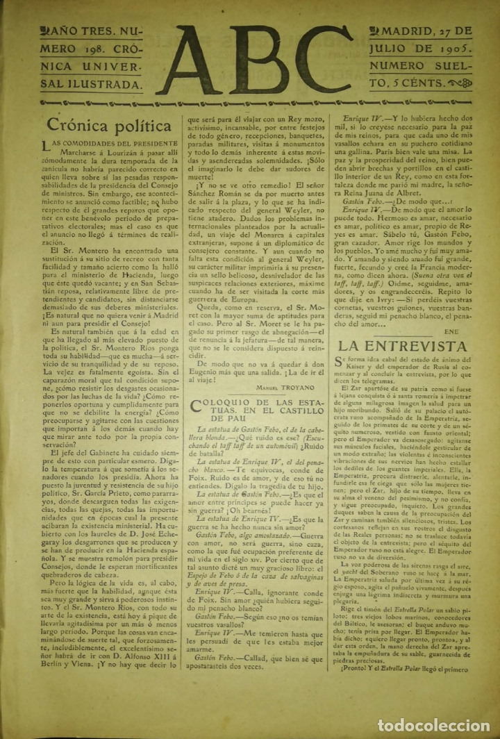 Coleccionismo de Revistas y Peri&oacute;dicos: PERIODICO. ABC. A&Ntilde;O TRES. NUMERO 198. CRONICA UNIVERSAL ILUSTRADA. MADRID 1905. LEER.