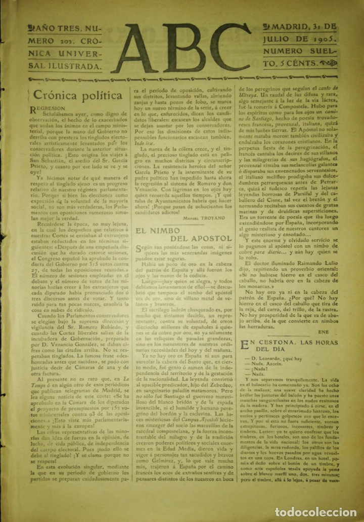 Coleccionismo de Revistas y Peri&oacute;dicos: PERIODICO. ABC. A&Ntilde;O TRES. NUMERO 202. CRONICA UNIVERSAL ILUSTRADA. MADRID 1905. LEER.