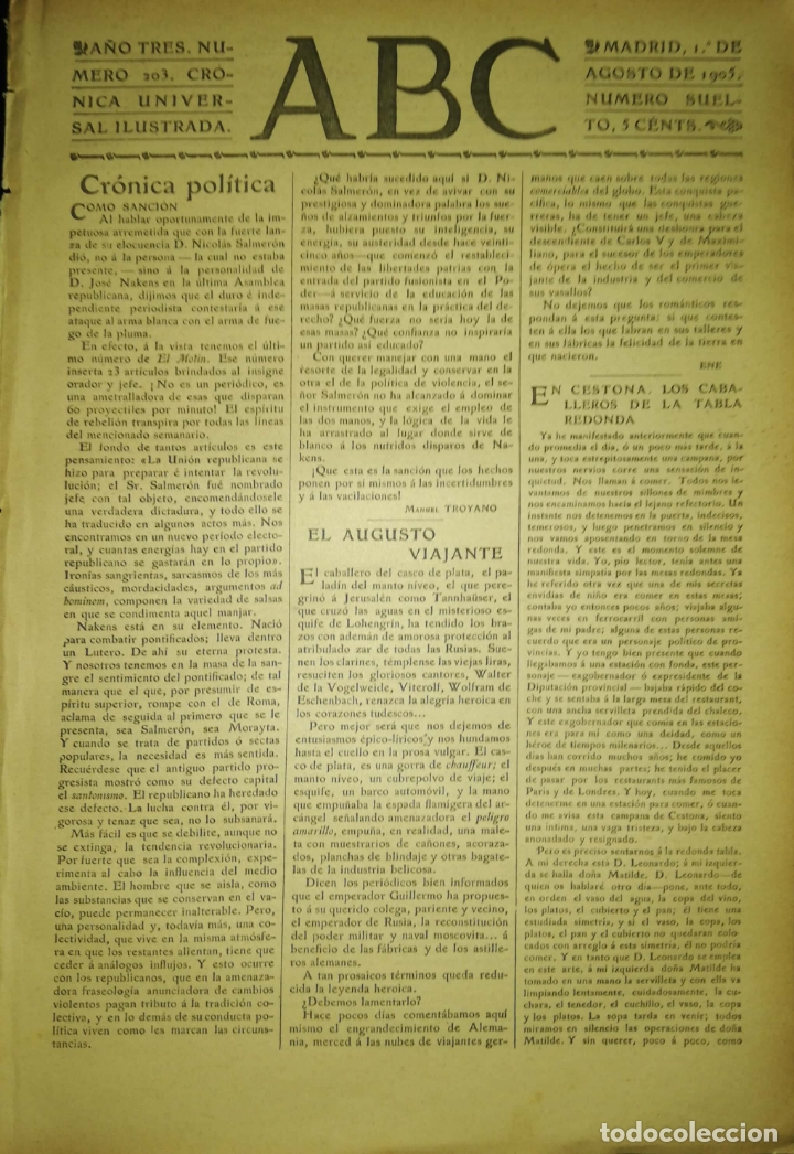 Coleccionismo de Revistas y Peri&oacute;dicos: PERIODICO. ABC. A&Ntilde;O TRES. NUMERO 203. CRONICA UNIVERSAL ILUSTRADA. MADRID 1905. LEER.