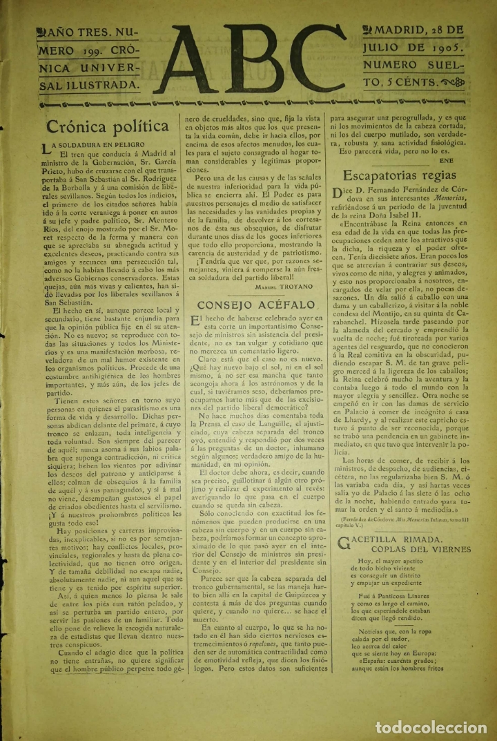 Coleccionismo de Revistas y Peri&oacute;dicos: PERIODICO. ABC. A&Ntilde;O TRES. NUMERO 199. CRONICA UNIVERSAL ILUSTRADA. MADRID 1905. LEER.